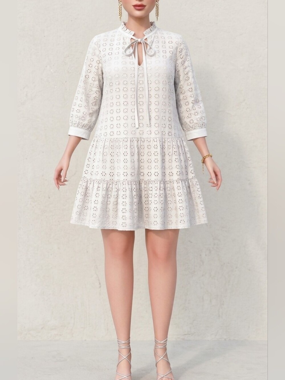 Tristan White Eyelet Tie-Neck Mini Dress